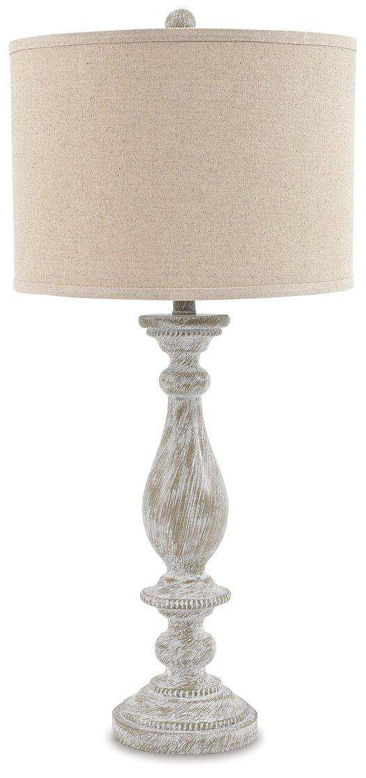 Pair of Ashley Furniture Bernadate table lamps with fabric shades and decorative bases, displayed on a wooden surface.