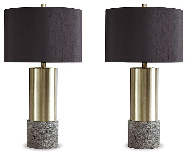 Pair of Ashley Furniture Jacek table lamps with fabric shades and wooden bases, ideal for bedside or living room décor.