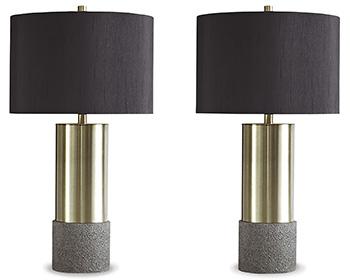 Pair of Ashley Furniture Jacek table lamps with beige fabric shades and dark wood bases, ideal for bedroom or living room decor