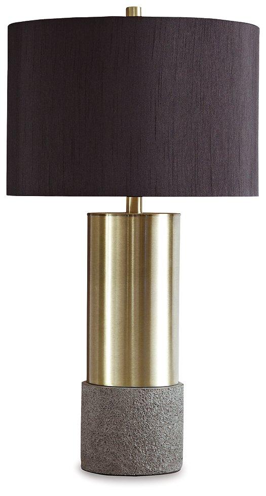 Pair of Ashley Furniture Jacek table lamps with beige fabric shades and modern bases, ideal for bedside or living room lighting.