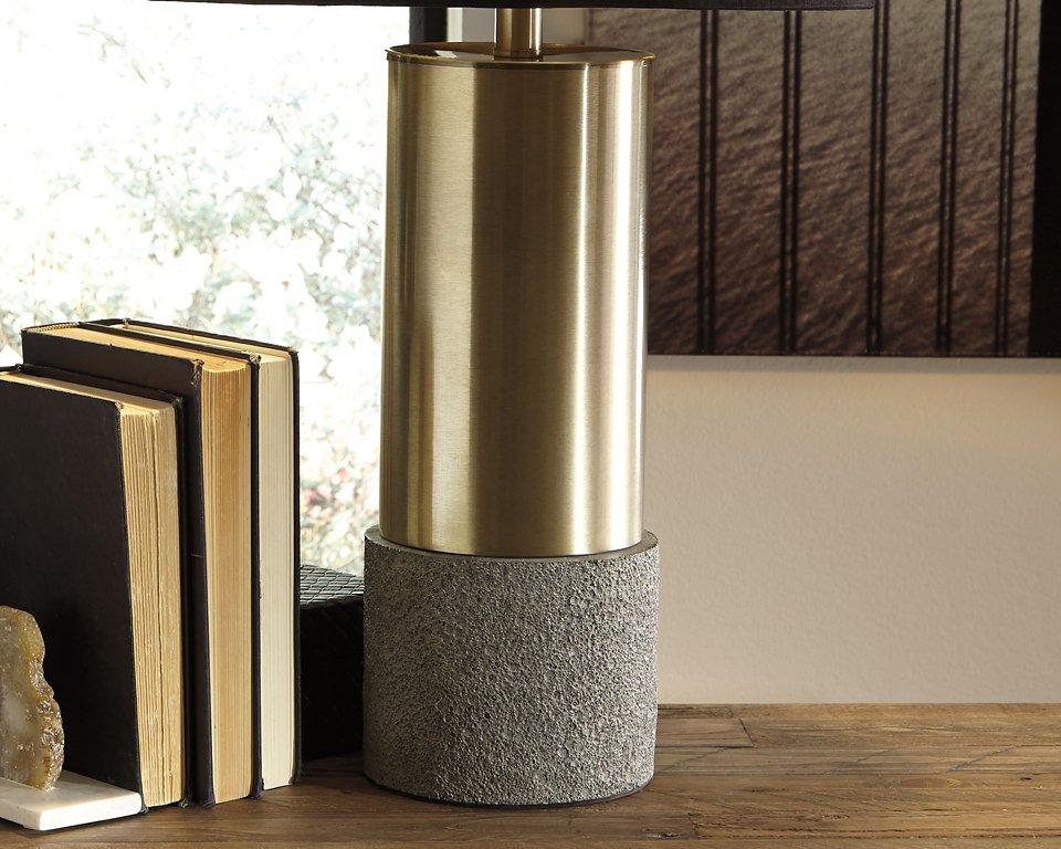 Pair of Ashley Furniture Jacek table lamps with beige fabric shades and brushed metal bases, ideal for bedside or living room decor.