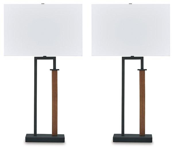 Pair of Ashley Furniture Voslen table lamps with beige fabric shades and dark wood bases, ideal for bedside or living room decor.