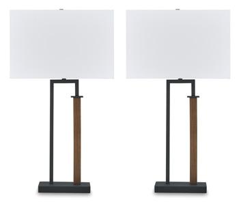 Pair of Ashley Furniture Voslen table lamps with beige fabric shades and dark bronze bases on a wooden surface.