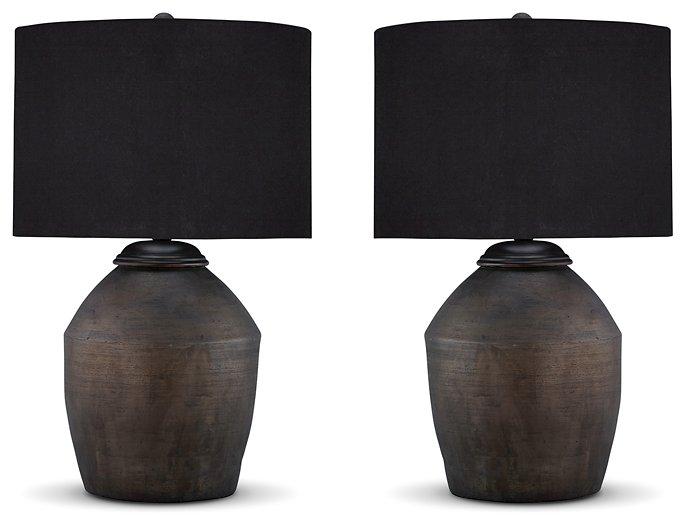 Ashley Furniture Naareman table lamp set featuring two elegant lamps with textured bases and fabric shades for stylish lighting.