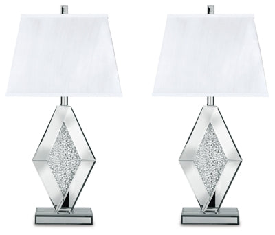 Ashley Furniture Prunella table lamp set with two stylish lamps featuring neutral fabric shades and wooden bases on a wood surface.