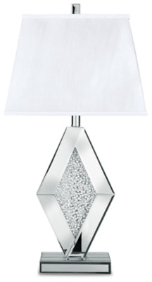 Ashley Furniture Prunella lamp set featuring two stylish table lamps with beige fabric shades and dark wood bases.