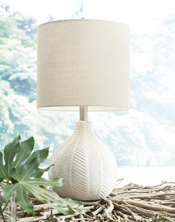 Set of two Ashley Furniture Rainermen table lamps with beige fabric shades and wooden bases, ideal for living room or bedside decor.
