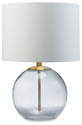 Ashley Furniture Samder table lamp set with two decorative lamps featuring beige shades and dark wood bases.