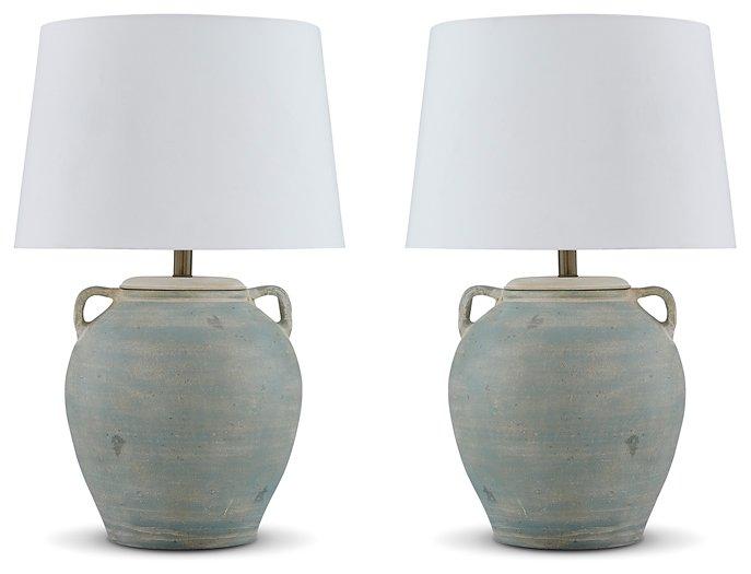 Ashley Furniture Shawburg Table Lamp Set featuring two stylish lamps with neutral shades and modern bases.