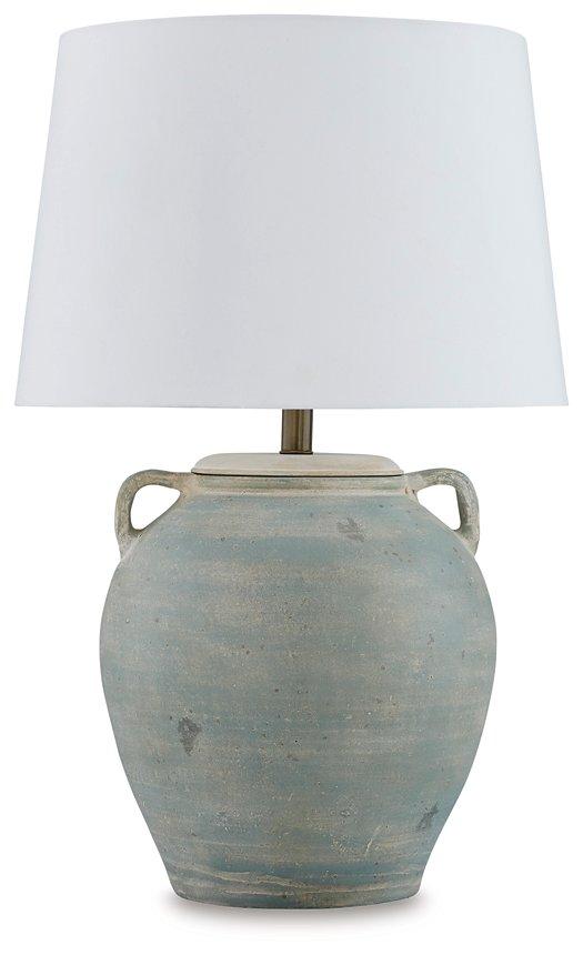 Ashley Furniture Shawburg table lamp set featuring two elegant lamps with neutral fabric shades and decorative bases.