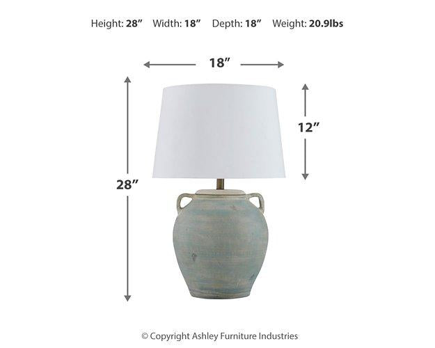 Ashley Furniture Shawburg table lamp set featuring two elegant lamps with neutral shades and decorative bases.