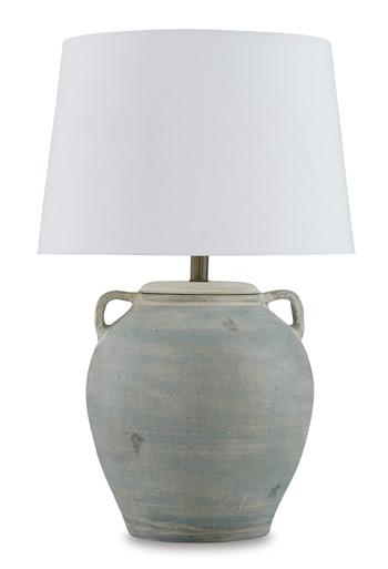 Pair of Ashley Furniture Shawburg table lamps in a classic design with beige lampshades and ornate bases, perfect for living room decor.