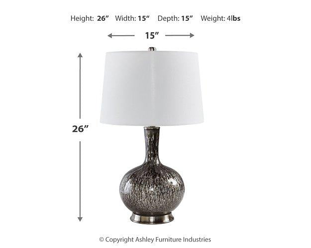 Pair of Ashley Furniture Tenslow table lamps with fabric shades and wooden bases, ideal as bedroom or living room decor.