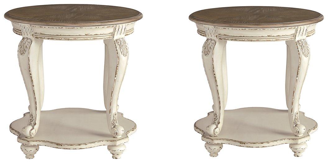 Set of two Ashley Furniture Realyn end tables with wooden tops and tapered legs, perfect for living room accents.