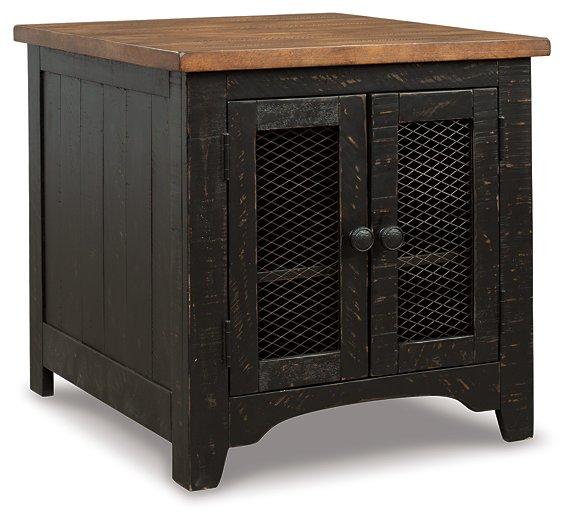 Set of two Ashley Furniture Valebeck End Tables with wooden tops and metal legs, styled for a modern living room.