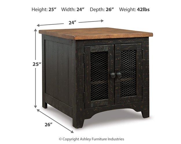 Ashley Furniture Valebeck End Table Set showing two wooden tables with a dark finish and modern design.