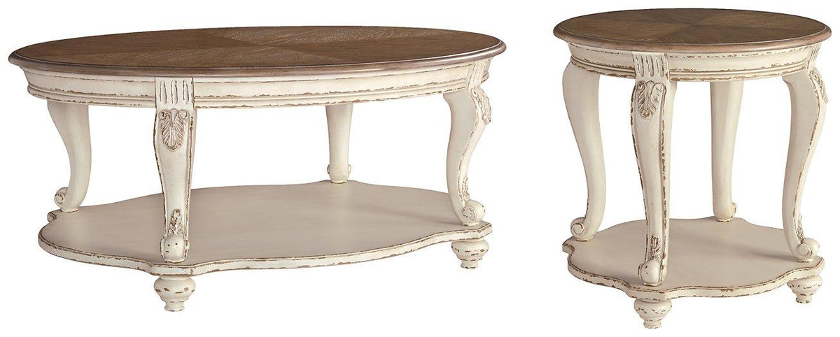 Ashley Furniture Realyn table set with a wooden dining table and matching chairs, featuring a modern design.