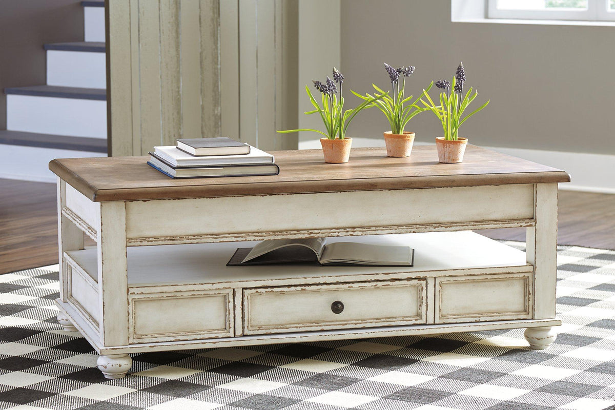 Ashley Furniture Realyn Table Set with a wooden dining table and matching chairs, modern design, and warm finish.