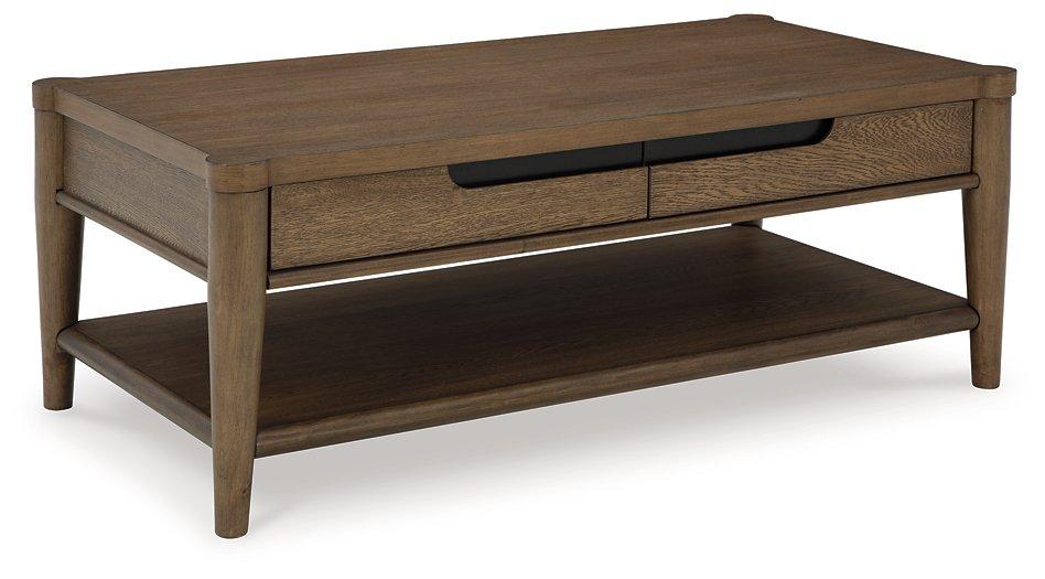 Ashley Furniture Roanhowe Occasional Table Set with two stylish wooden tables featuring metal accents and a modern design.