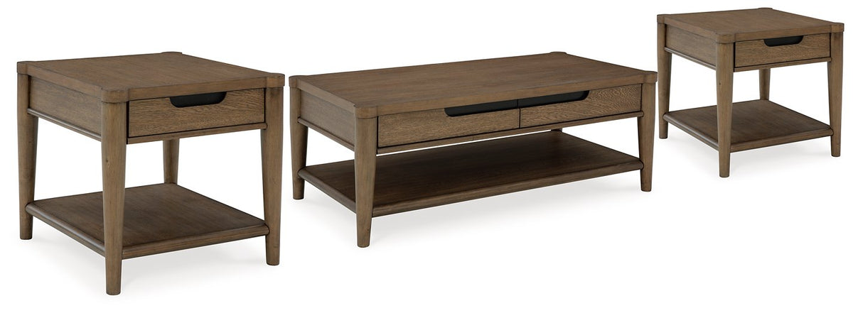 Ashley Furniture Roanhowe occasional table set featuring three stylish tables with dark wood finishes and modern design.