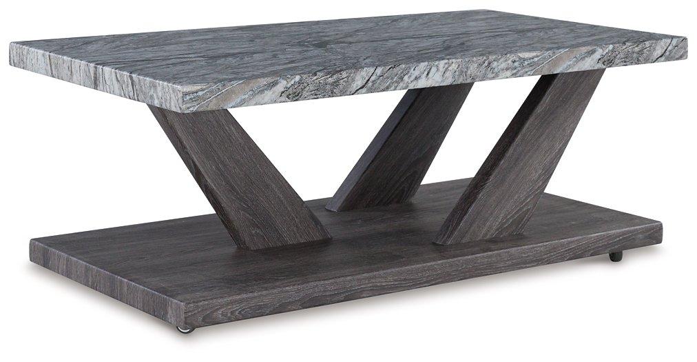 Set of three Ashley Furniture Bensonale tables with sleek wooden surfaces and modern design, placed together in a stylish room setting.