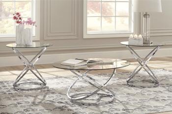 Set of three Ashley Furniture Hollynyx tables, modern table set with sleek wooden tops and sturdy legs, ideal for living room decor.
