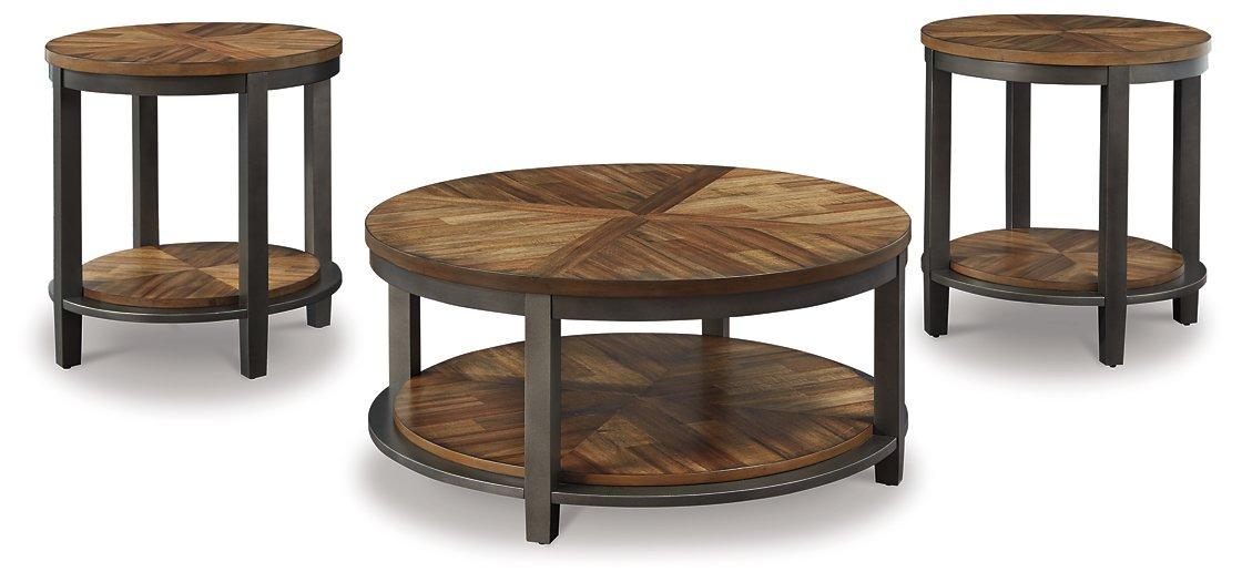 Set of three Roybeck tables from Ashley Furniture, featuring modern wooden table designs with sleek finishes.