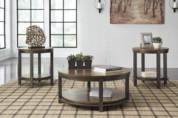 Set of three Roybeck tables by Ashley Furniture, modern wooden table set with sleek design and natural finish.