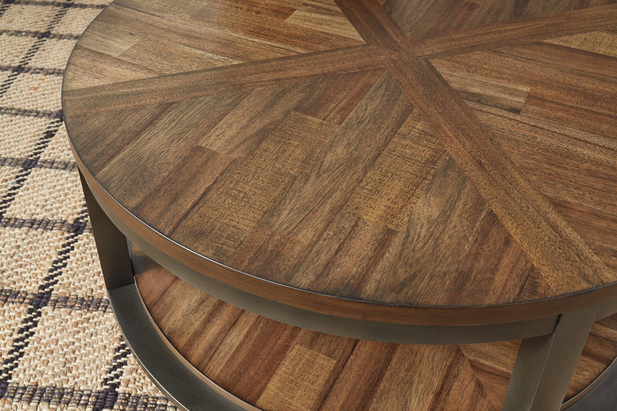 Set of three Ashley Furniture Roybeck tables showing varied sizes with wood finish and modern design.
