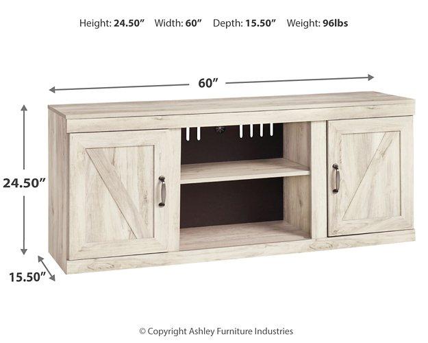 Bellaby TV stand with electric fireplace by Ashley Furniture, featuring storage cabinets and a modern wood finish.