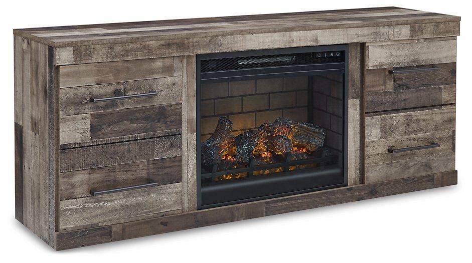 Ashley Furniture Derekson TV stand with integrated electric fireplace, modern wood finish and spacious storage compartments.