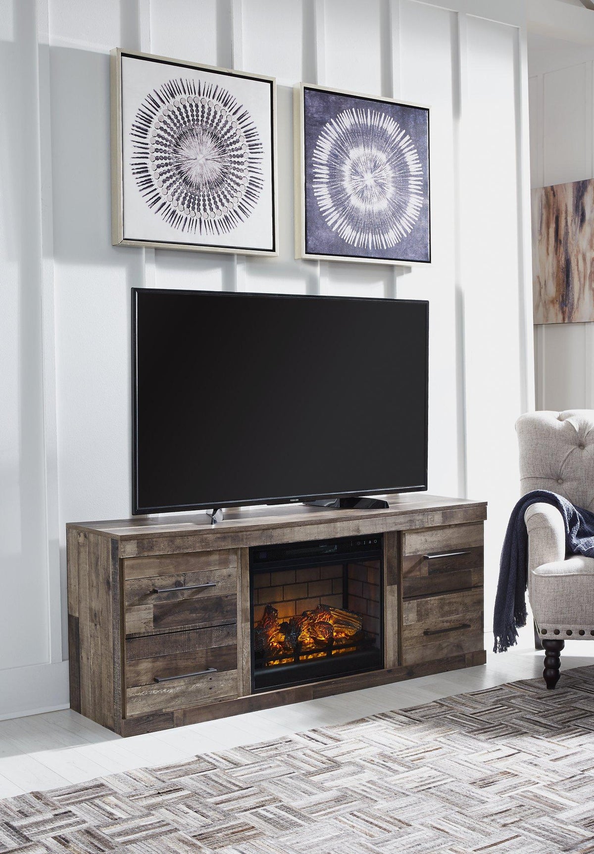 Ashley Furniture Derekson TV stand with electric fireplace, wooden finish, and modern design for living room entertainment setup.