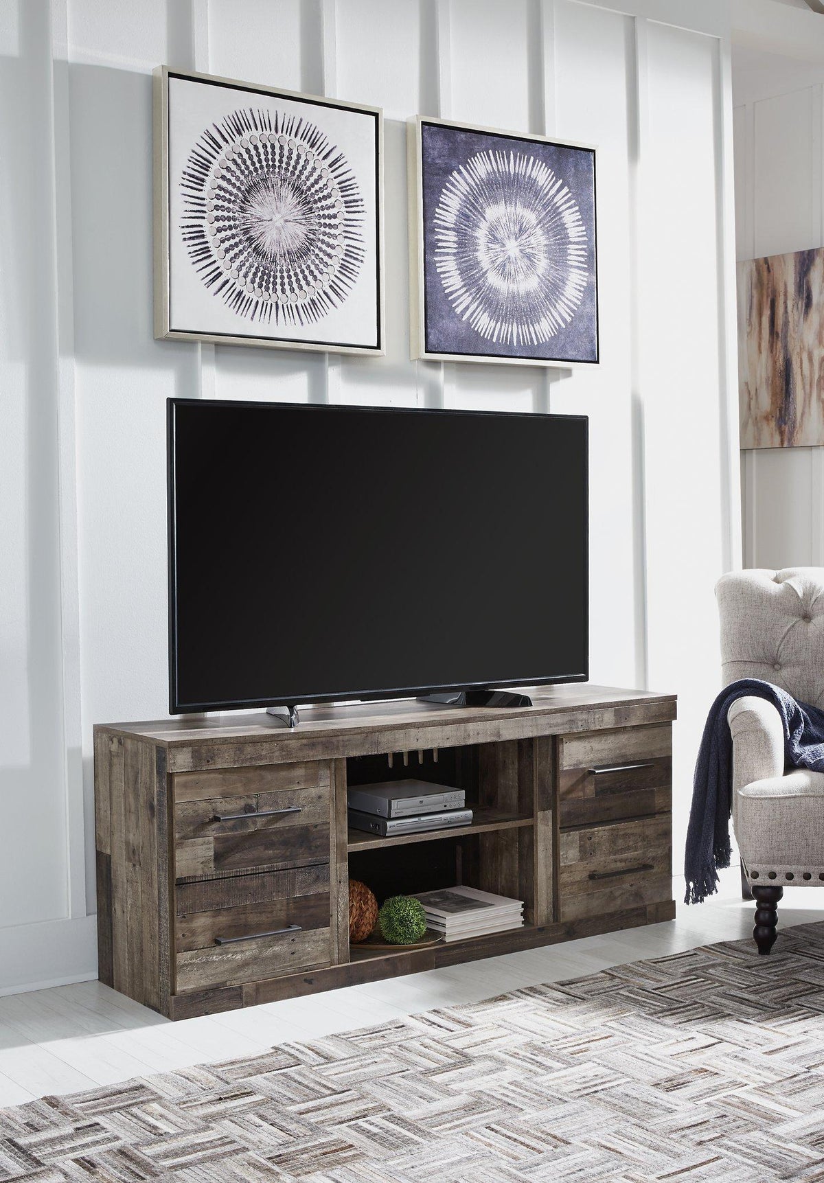 Ashley Furniture Derekson TV stand with integrated electric fireplace, featuring wood finish, storage cabinets, and modern design.