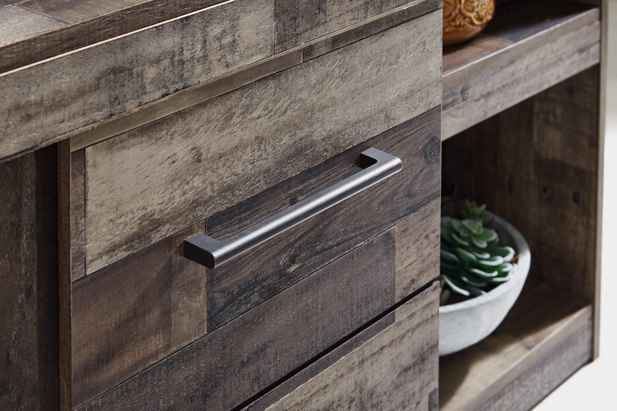 Ashley Furniture Derekson TV stand with electric fireplace, featuring wood finish, storage cabinets, and modern design.