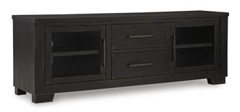 Ashley Furniture Galliden 80-inch TV stand with open shelves and storage cabinets, ideal for modern living room setups.