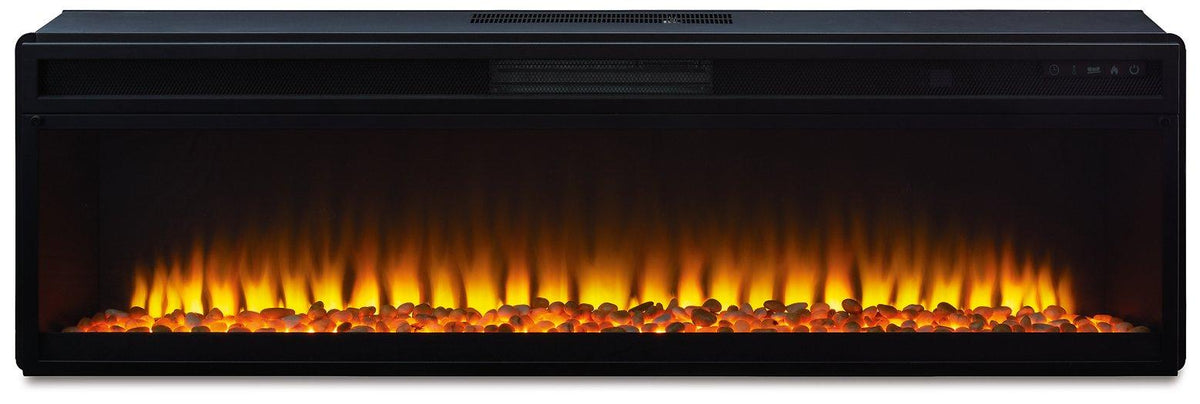 Ashley Naydell 92-inch TV stand with built-in electric fireplace, featuring modern wood finish and open shelving for media storage.