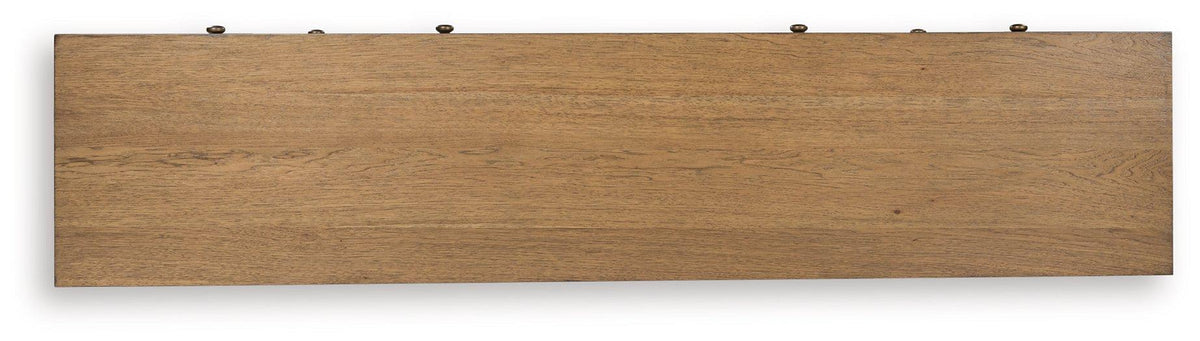 Ashley Furniture Sharlance 81-inch TV stand with open shelving and storage compartments, made of dark wood finish.