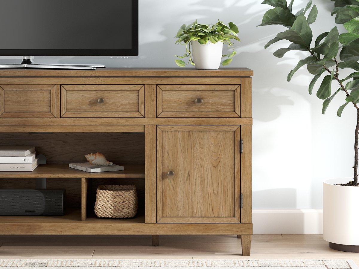 Ashley Furniture Sharlance 81-inch TV stand with open shelving and storage compartments in a modern design.