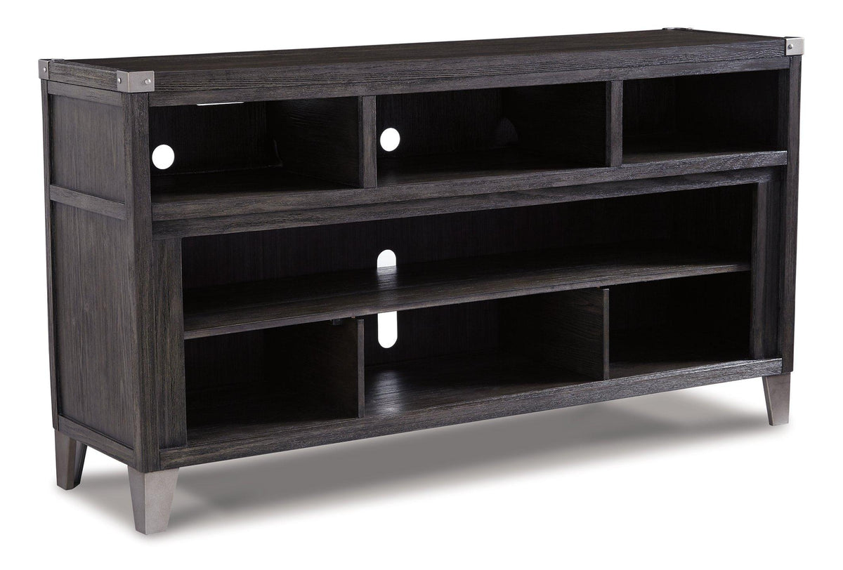 Ashley Furniture Todoe 65-inch TV stand with open shelves and storage compartments in a modern design.
