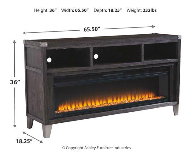 Ashley Furniture Todoe 65-inch TV stand with built-in electric fireplace, modern wood finish and ample storage space.