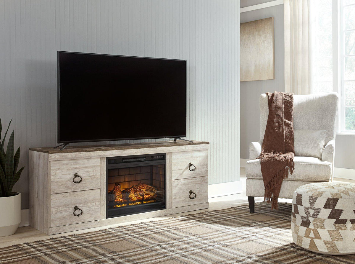 Ashley Furniture Willowton TV stand with electric fireplace, finished wood surface and storage cabinets.