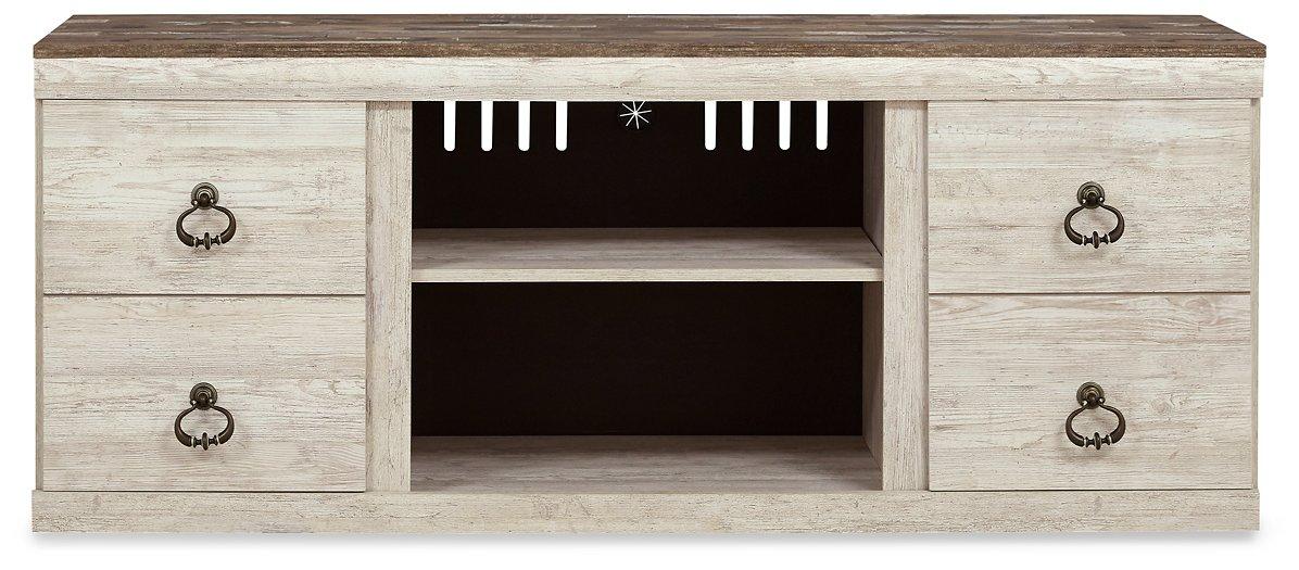 Willowton TV stand with electric fireplace by Ashley Furniture, showcasing wood finish, storage cabinets, and modern design.