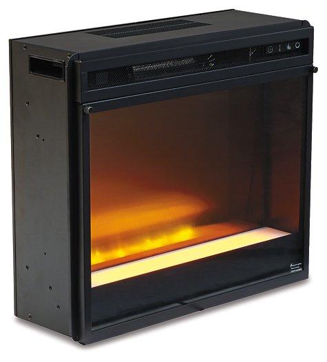 Willowton 64-inch TV stand with electric fireplace by Ashley Furniture, featuring wood finish, open shelving, and modern design.