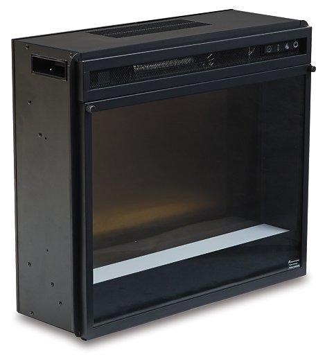 Willowton 64-inch TV stand with electric fireplace by Ashley Furniture showing a modern wood finish and built-in fireplace insert.