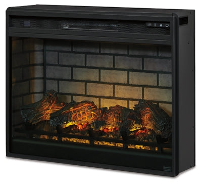 Ashley Wittenmyer 72-inch TV stand with electric fireplace, featuring a sleek wood finish and modern design, shown from a left angle.