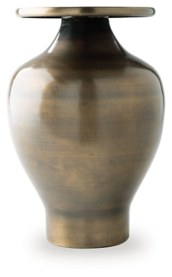 Ashley Furniture Fedorleigh Vase on a wooden surface with decorative flowers, showcasing elegant ceramic design.