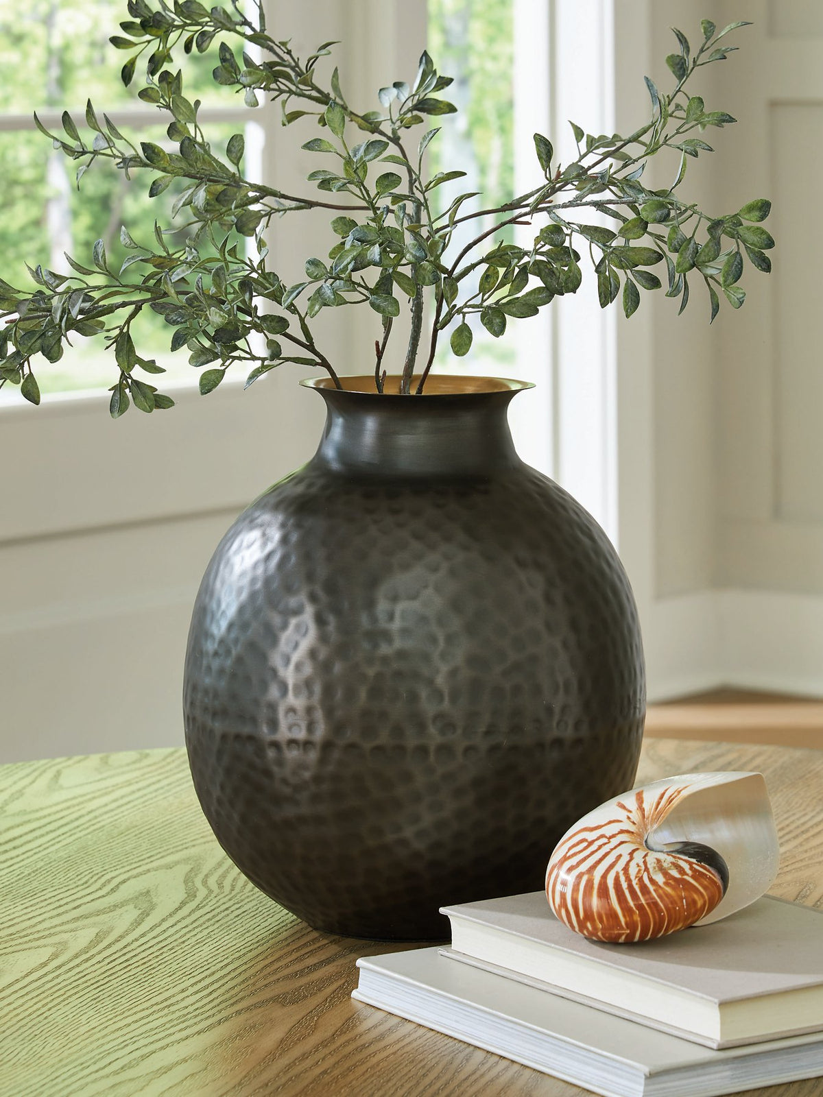 Ashley Furniture Woody Vase, decorative ceramic vase with a rustic wood finish, shown on a white background.
