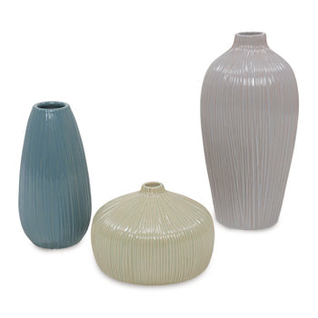 Set of three Ashley Furniture Eiderman vases with intricate patterns and a glossy finish, displayed together on a neutral background.