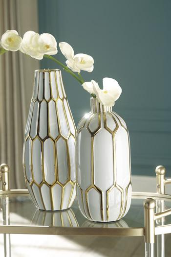 Set of two Mohsen vases by Ashley Furniture, decorative ceramic vases with intricate patterns, ideal for home décor.
