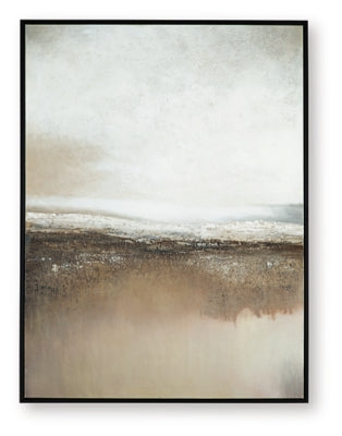 Contemporary Siaking wall art by Ashley Furniture featuring abstract blue and beige design on a canvas.